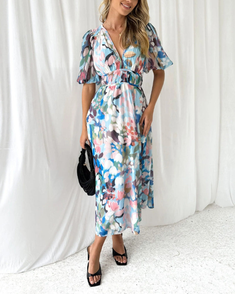 Moda™ | Elegancka sukienka maxi w kwiaty z długim rękawem