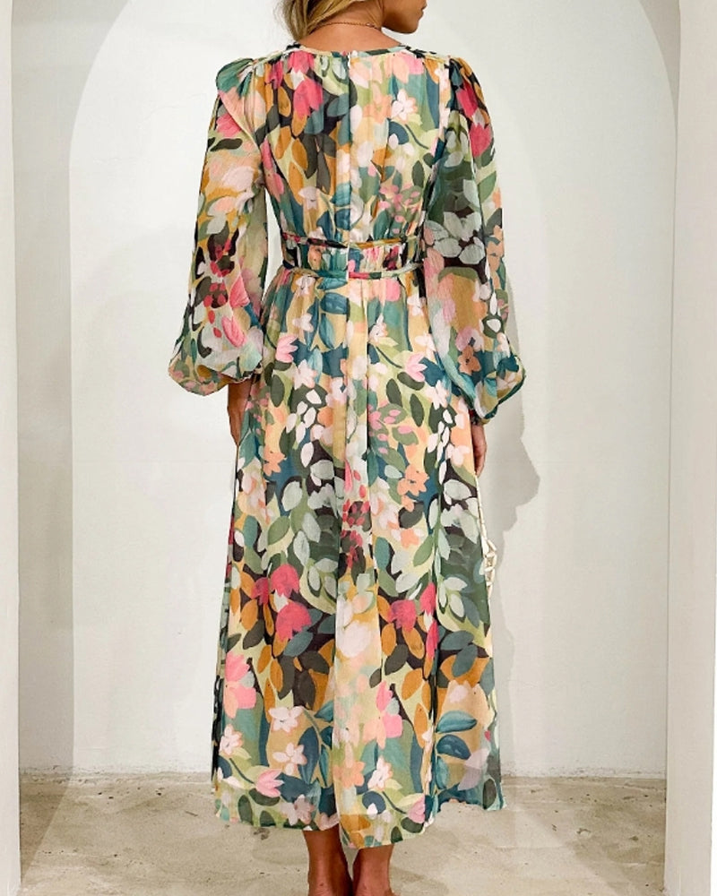 Moda™ | Elegancka sukienka maxi w kwiaty z długim rękawem