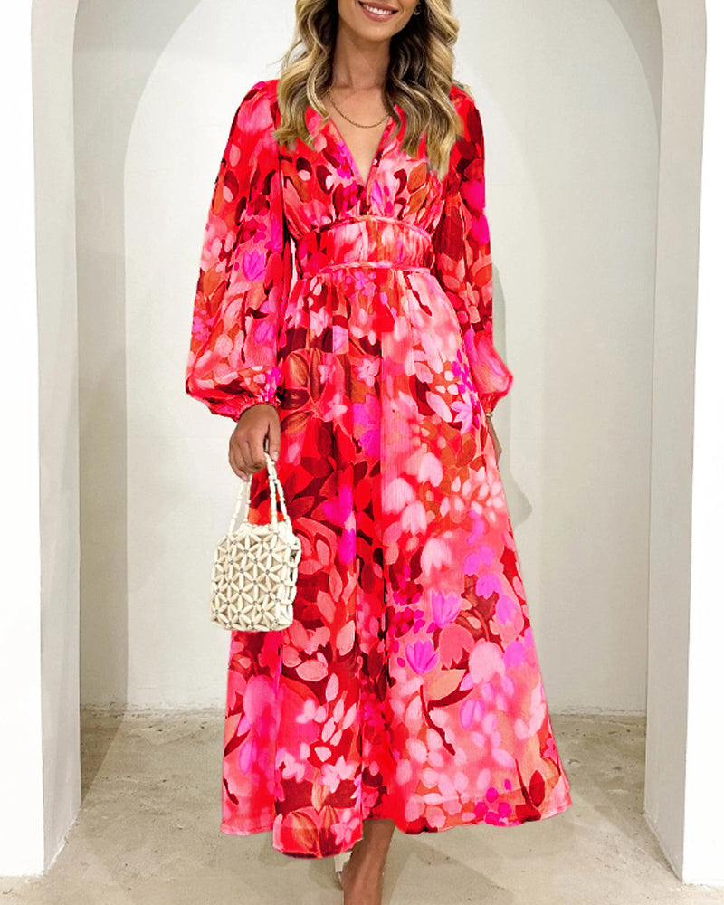 Moda™ | Elegancka sukienka maxi w kwiaty z długim rękawem