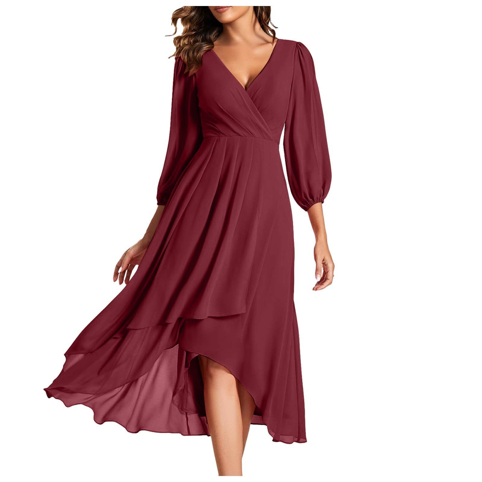 Moda™ | Elegancka sukienka midi z dekoltem w serek i asymetrycznym dołem