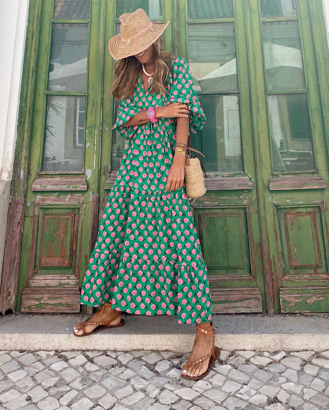 Moda™ | Casualna sukienka maxi z dekoltem w serek i długim rękawem