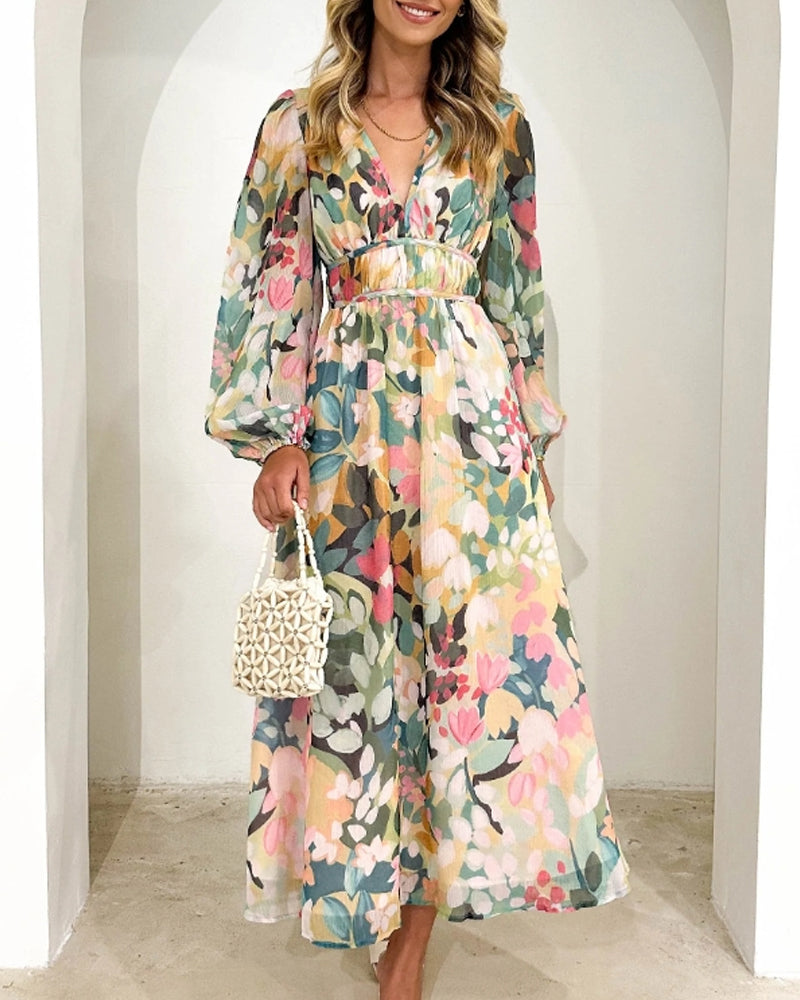 Moda™ | Elegancka sukienka maxi w kwiaty z długim rękawem