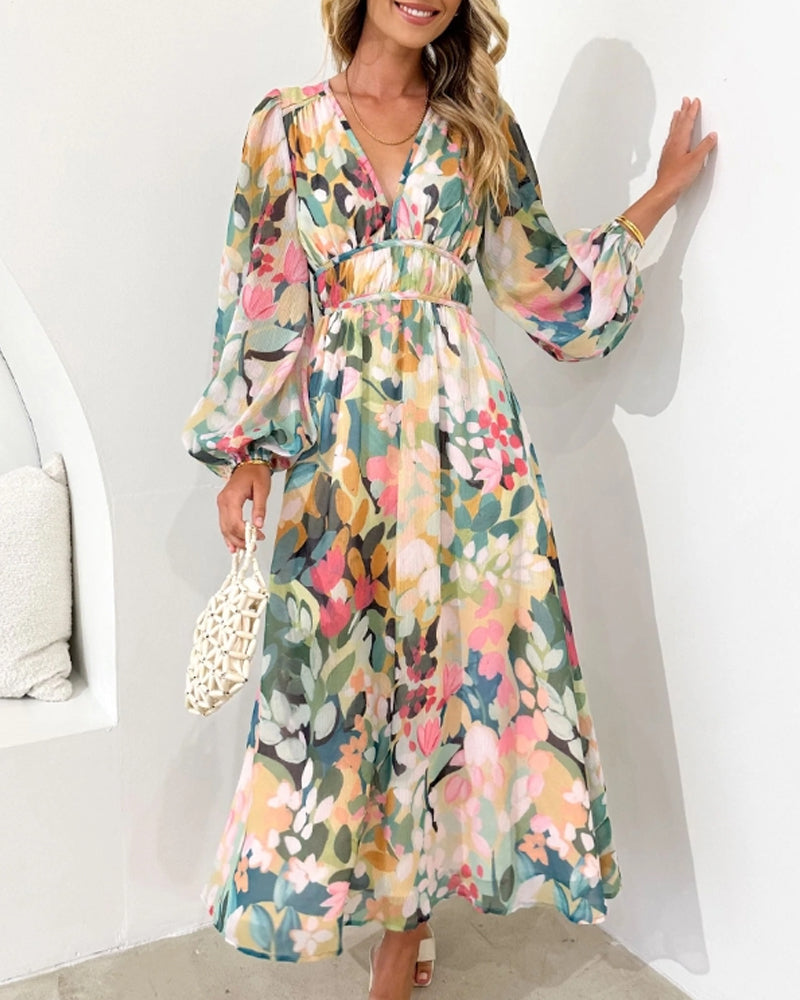 Moda™ | Elegancka sukienka maxi w kwiaty z długim rękawem