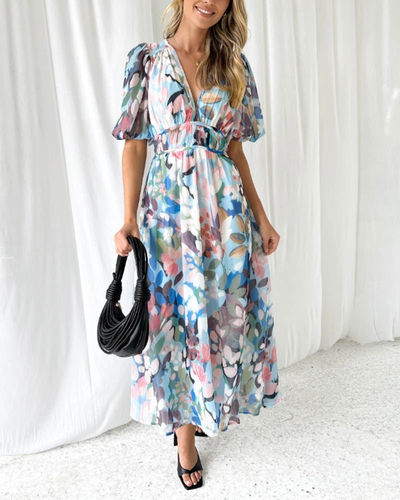 Moda™ | Elegancka sukienka maxi w kwiaty z długim rękawem