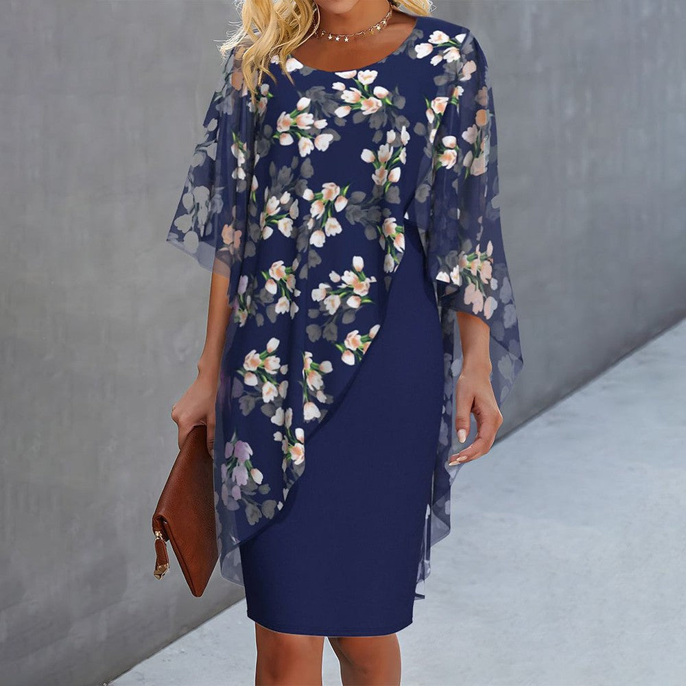 Moda™ | Elegancka sukienka z kwiatowym detalem i warstwą z szyfonu