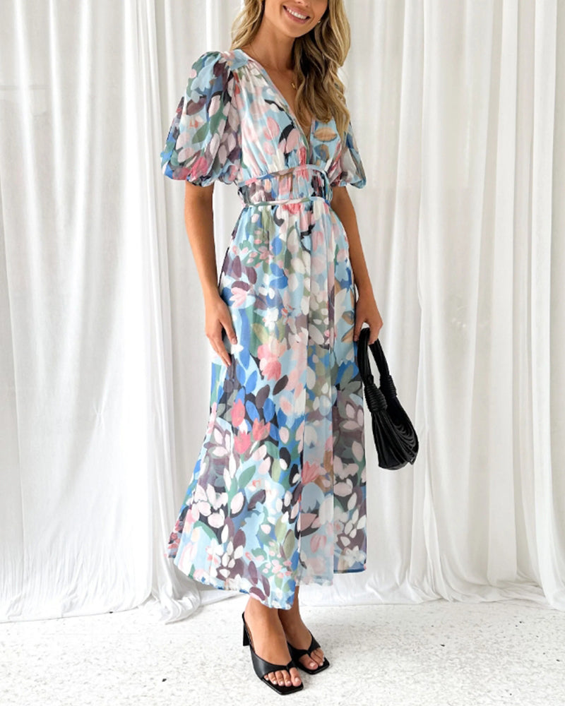Moda™ | Elegancka sukienka maxi w kwiaty z długim rękawem