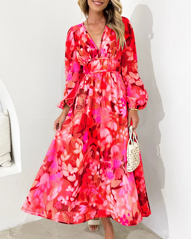 Moda™ | Elegancka sukienka maxi w kwiaty z długim rękawem