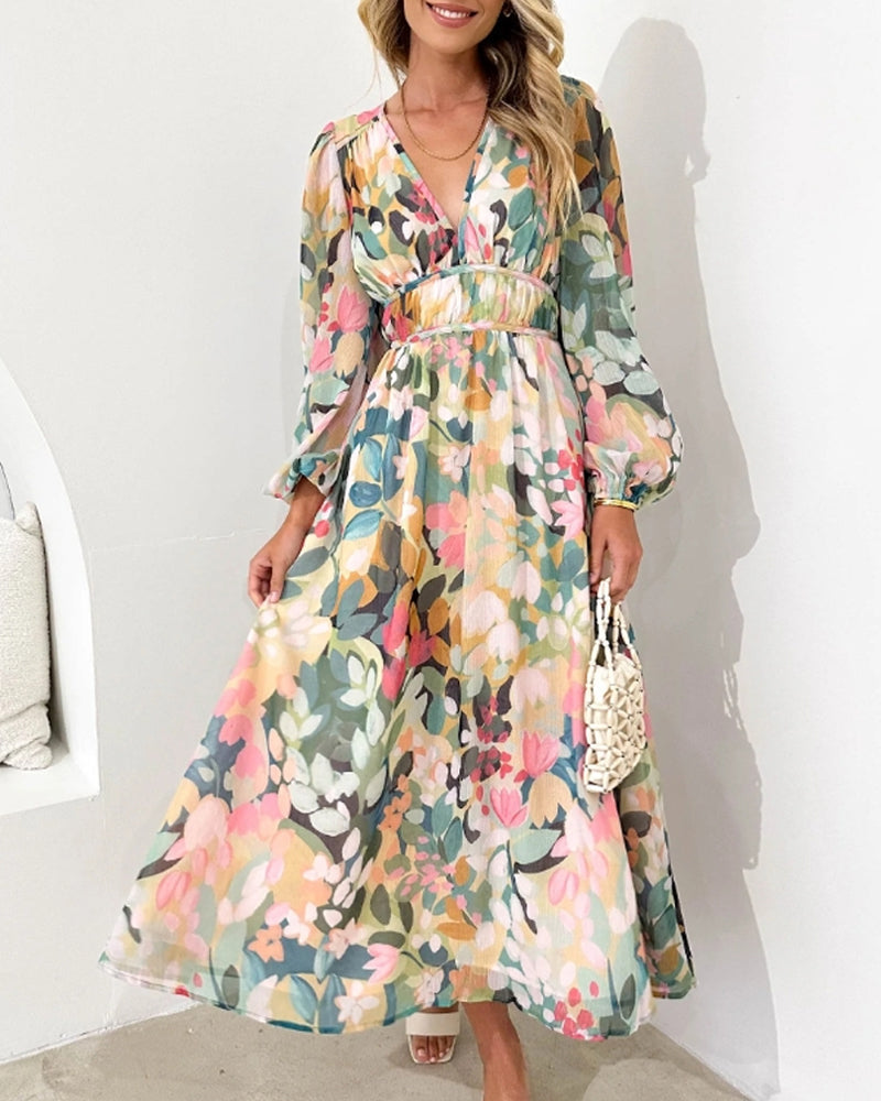 Moda™ | Elegancka sukienka maxi w kwiaty z długim rękawem