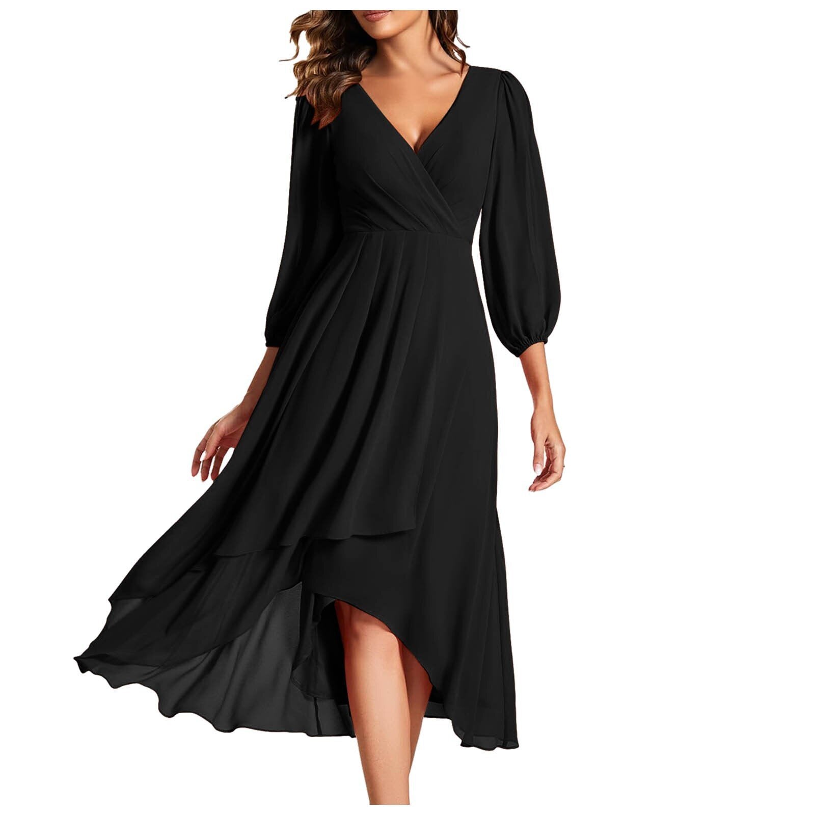 Moda™ | Elegancka sukienka midi z dekoltem w serek i asymetrycznym dołem