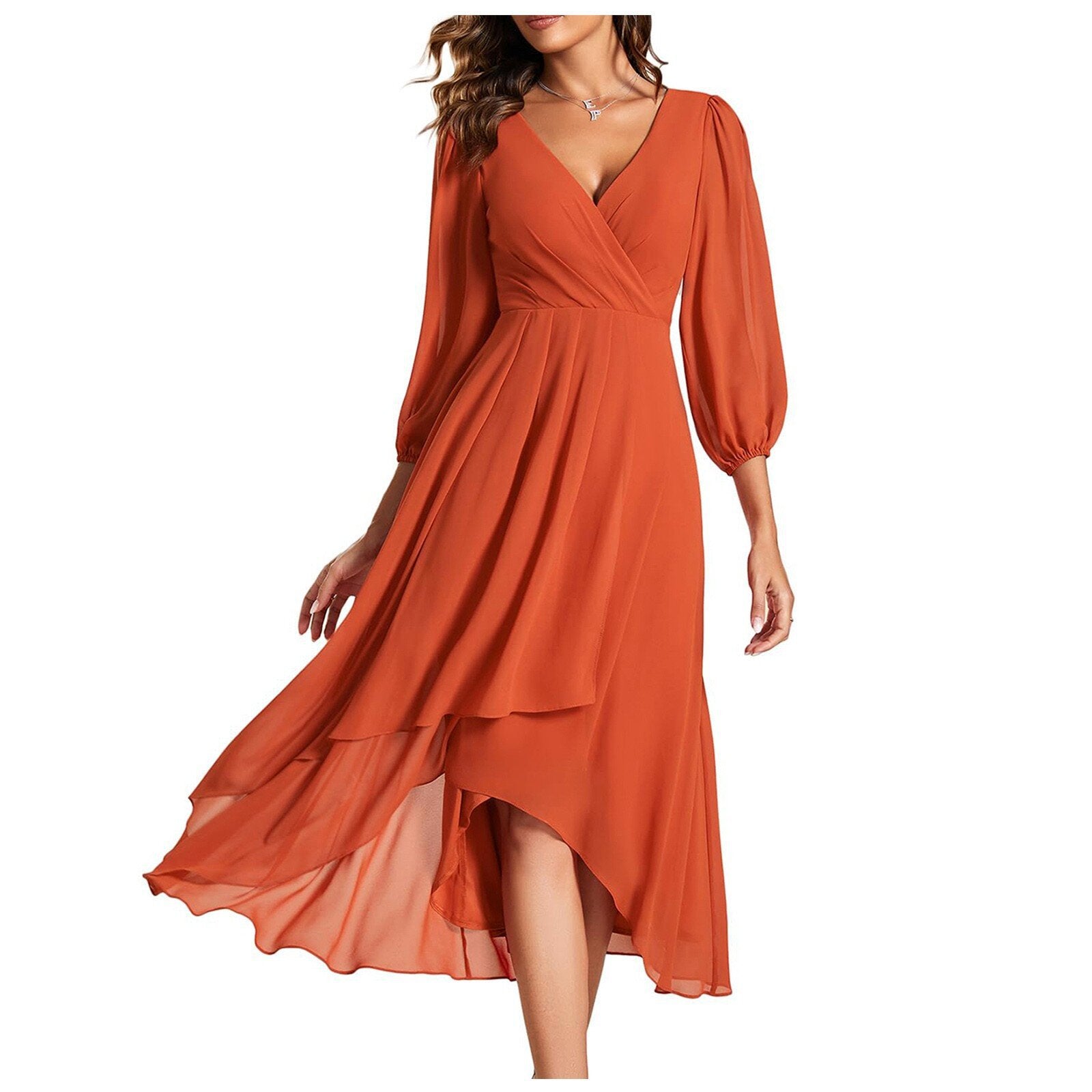 Moda™ | Elegancka sukienka midi z dekoltem w serek i asymetrycznym dołem