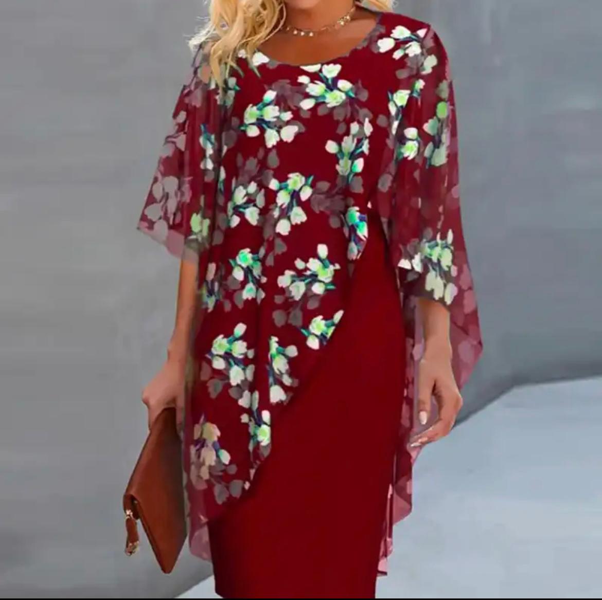 Moda™ | Elegancka sukienka z kwiatowym detalem i warstwą z szyfonu