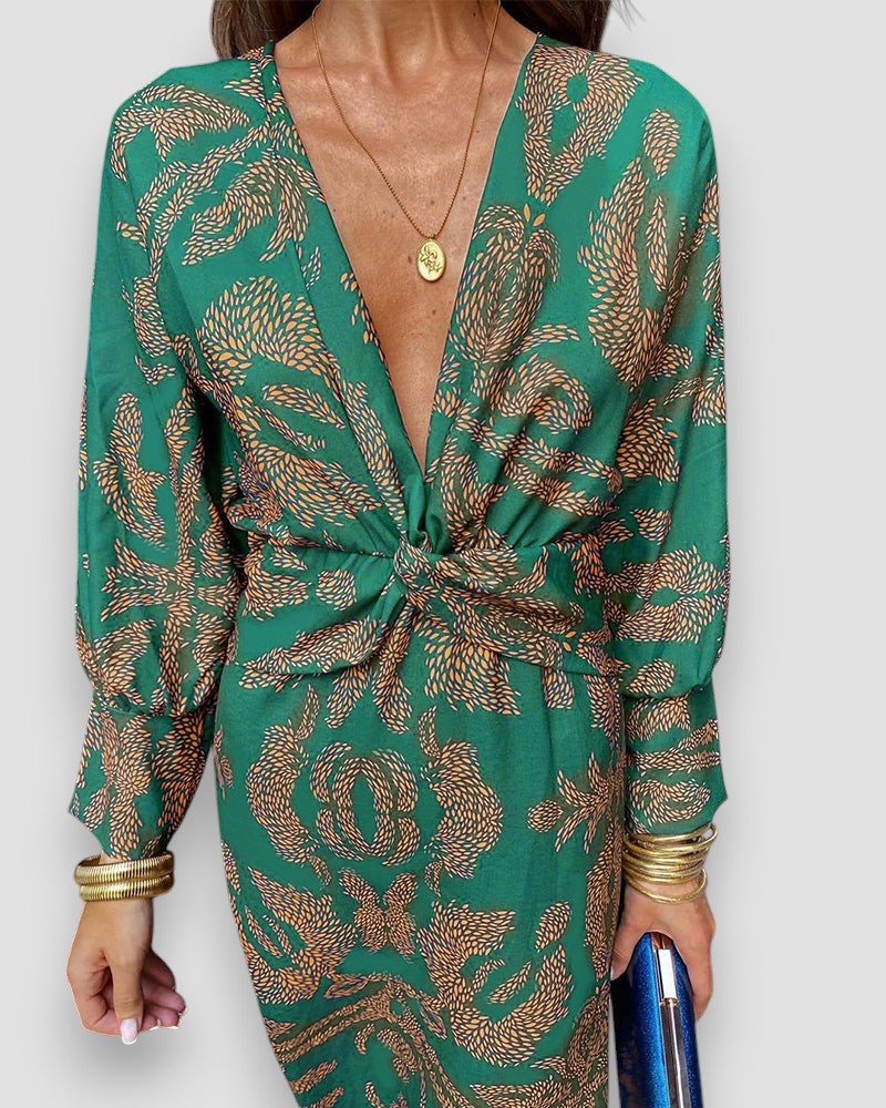 Moda™ | Elegancka sukienka midi z dekoltem w serek i wiązaniem w talii