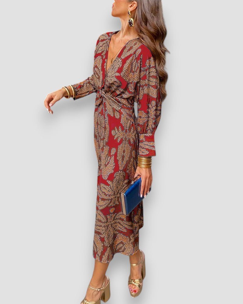 Moda™ | Elegancka sukienka midi z dekoltem w serek i wiązaniem w talii