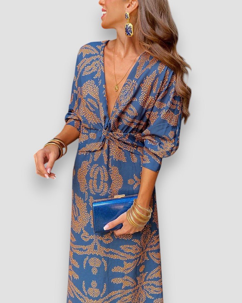 Moda™ | Elegancka sukienka midi z dekoltem w serek i wiązaniem w talii