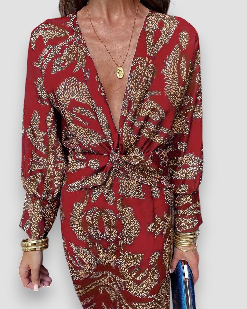 Moda™ | Elegancka sukienka midi z dekoltem w serek i wiązaniem w talii